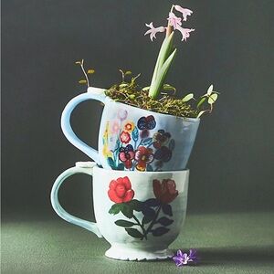 Anthropologie Francesca Kaye handpainted glazed stoneware mugs and saucers
